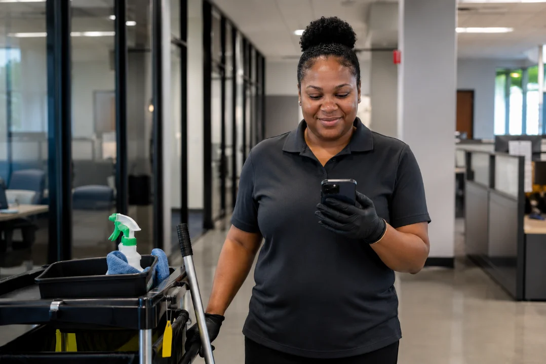 A commercial cleaning crew member using the Formativ app on a phone