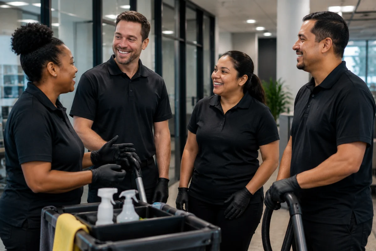 Commercial cleaning staff engaging with each other